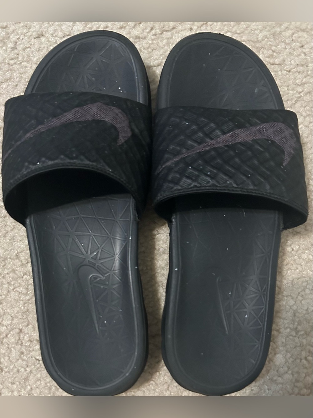 Nike Women's Black Slide Sandals with Dark Maroon/Purple Swoosh 7